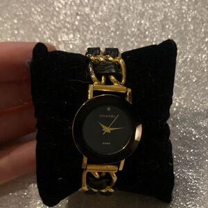 CHANEL Women's Watch with Black Dial and Gold Chain